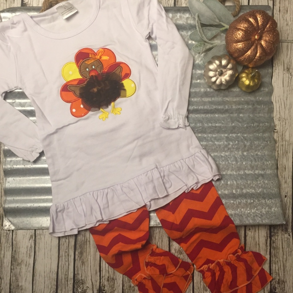 💥Last One💥🦃 Girls Boutique 2pc. Ruffle Chevron Thanksgiving Turkey Outfit - Picture 3 of 11